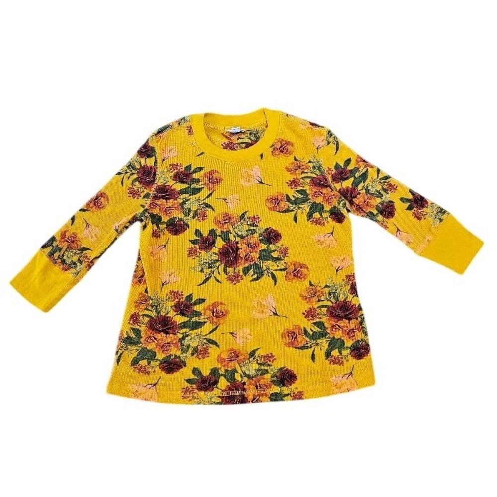 Sundance Womens Mustard Yellow Floral Waffle Knit Thermal Top Petite Large PL
